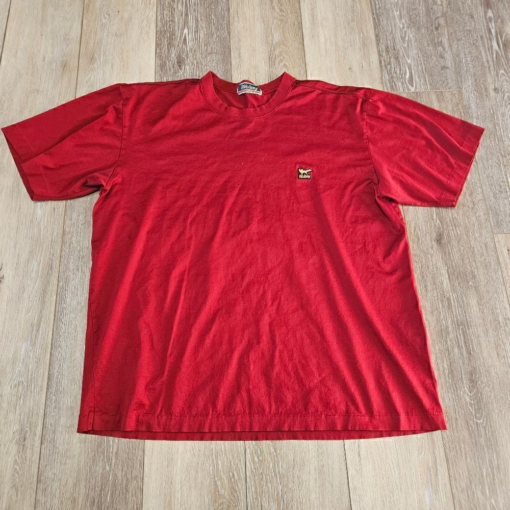 Wosley Vintage Red Short Sleeve Tee Shirt Embroidered Fox Logo Men's XL Retro